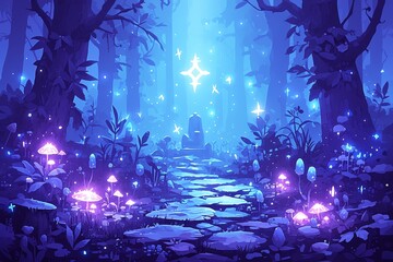 A mystical forest with dark trees and glowing mushrooms