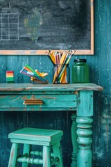 School desk with school accessories and gloss on a school blackboard background