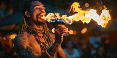 A man breathes fire while performing at a luau.