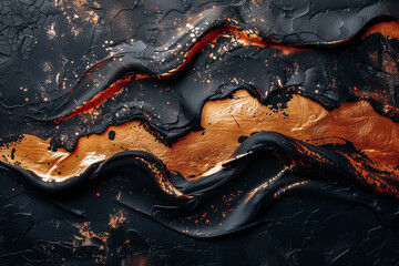 Golden black abstract oil paint brush strokes and glow golden shiny bronze texture. Macro detailed Artistic detailed background.