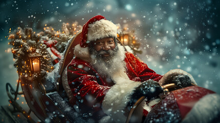 A cheerful Black Santa Claus smiling broadly. © tiagozr