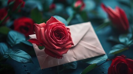 A red rose on a white envelope, surrounded by red roses and green leaves.