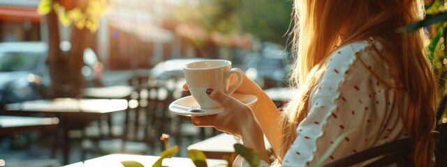 a woman drinks coffee on the summer terrace of a restaurant