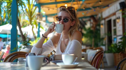 a woman drinks coffee on the summer terrace of a restaurant