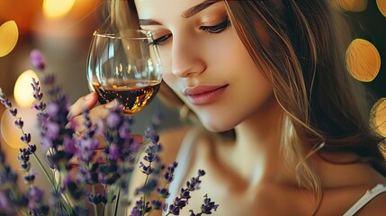 a woman holds wine and a bouquet of lavender in her hands