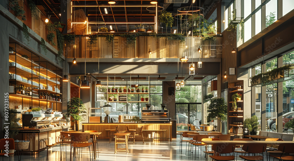 Poster Cafe interior design, with a large open space, two-story structure, featuring shared space, and a stylish and simple design. Generative AI.