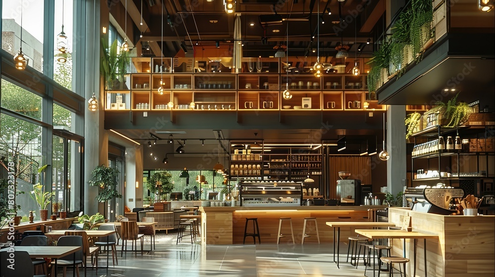 Fototapete cafe interior design, with a large open space, two-story structure, featuring shared space, and a st