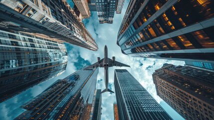 the plane flies over the city