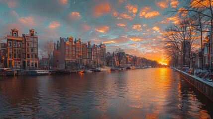Stunning Sunset Over Amsterdam Canals with Historic Buildings and Boats