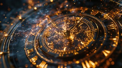 An animation of a clock counting down from 50 to 120. The clock is made of gold and has a black background. The numbers on the clock are Roman numerals.