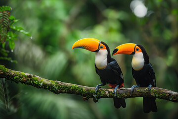 A pair of toucans tropical bird sitting on a tree branch with blurred natur background.