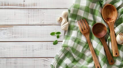 wooden spoon fork on wooden background top view