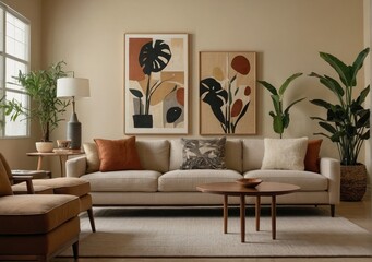Fototapeta premium Inviting Living Room Warm Colored Furniture , couch and chair in a living room, bay window, apartment