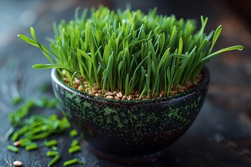 Obraz premium Vibrant Wheatgrass Growing in a Decorative Bowl on a Dark Surface for Healthy Living