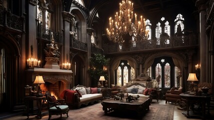 a scene featuring a grand, gothic-inspired living space, complete with towering ceilings, a flickering fireplace, opulent chandeliers, and decadent rococo detailing throughout