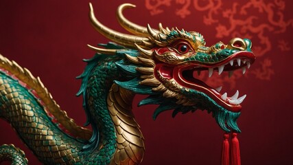 Vibrant dragon captured mid-roar against rich, red backdrop adorned with subtle, elegant patterns. Creatures eyes wide, intense, exuding powerful energy. Golden horns curve gracefully from head.