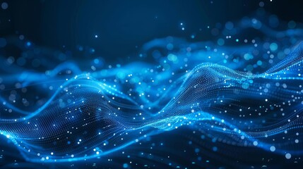 Abstract blue digital background with glowing dots and waves of data flowing in the air on dark blue background, AI technology concept