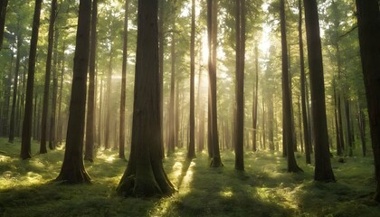 A serene forest scene with tall trees and dappled upscaled 8