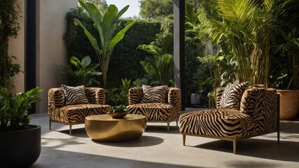Fototapeta premium Sunlight filters through large glass windows, casting warm glow on modern living space. Four zebra-patterned armchairs encircle golden, round coffee table, creating cozy seating arrangement.