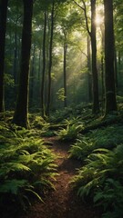 Fototapeta premium Sunlight pierces dense canopy of serene forest, casting ethereal beams that illuminate narrow, winding path surrounded by lush green ferns. Towering trees, their trunks, branches swathed in soft moss.