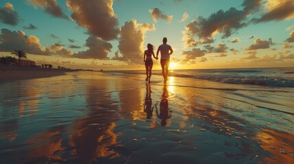 Fit Couple Running on a Beautiful Beach at Sunset, Exercising Together in Serene Nature