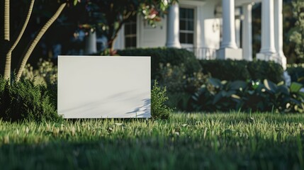 Blank yard sign in green grass on the white house background. Yard sign mockup