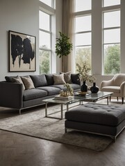 Spacious living room bathes in ample natural lighting from tall windows. Dark gray sectional sofa, lined with various throw pillows, invites relaxation. Glass coffee table, holding decorative vases.