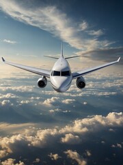 Commercial airplane ascends against serene sky filled with soft clouds. Aircrafts nose points slightly upwards, indicating ascent. Two engines under wings in focus,.