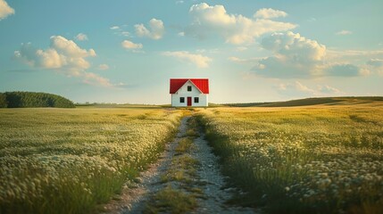 Wide vista of tiny white house with red roof in center of screen, centered on horizon line between blue sky and green fields. Generative AI. - Powered by Adobe