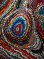 Fototapeta premium Close-up image captures intricate patterns of polished agate stone. Vibrant, concentric bands of color create stunning visual effect reminiscent of fluid art. Natural layers form eye-catching design.