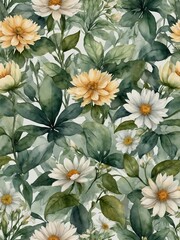 Floral pattern dominates image, showcasing variety of flowers, leaves in watercolor style. Large, small blooms, primarily in shades of white, yellow.