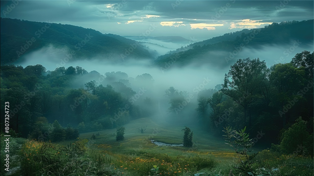 Poster a small wooded valley at dusk there is fog and a mysterious. generative ai.