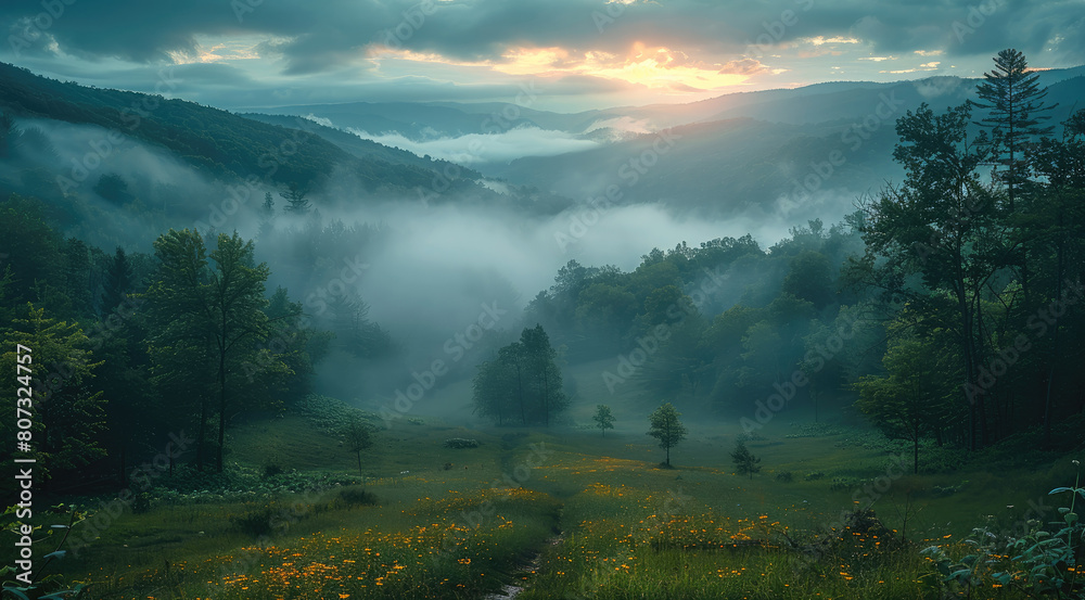 Poster A small wooded valley at dusk there is fog and a mysterious. Generative AI.