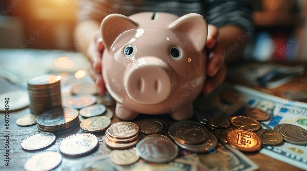 Poster a piggy bank being filled with coins and bills, symbolizing the act of saving money. generative ai.