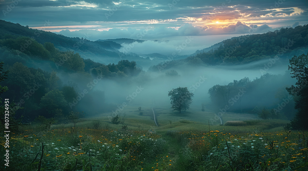 Poster a small wooded valley at dusk there is fog and a mysterious. generative ai.