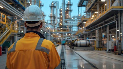 Fototapeta premium An engineer looking at his factory. The view is from behind him with focus on the factory. Generative AI.