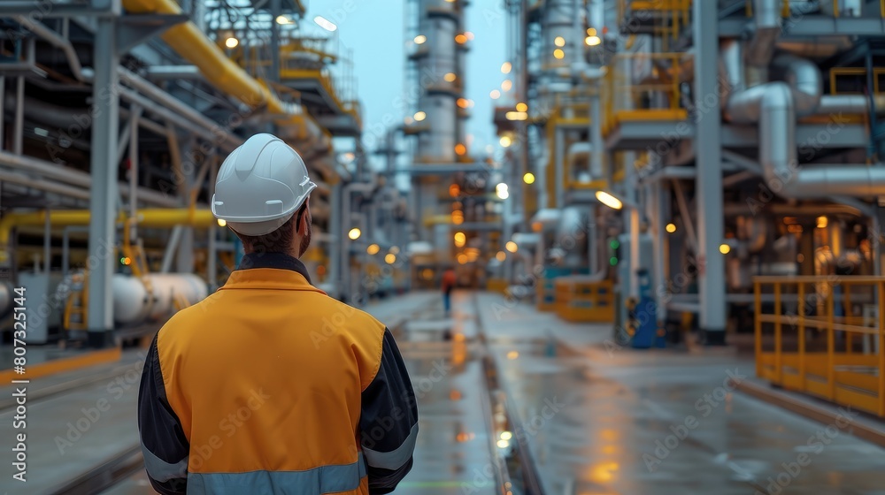 Fototapete an engineer looking at his factory. the view is from behind him with focus on the factory. generativ