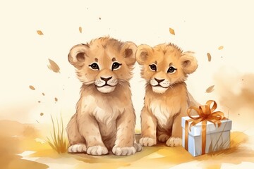 Illustration of cute lions with birthday gift. Greeting birthday card, poster, banner for children