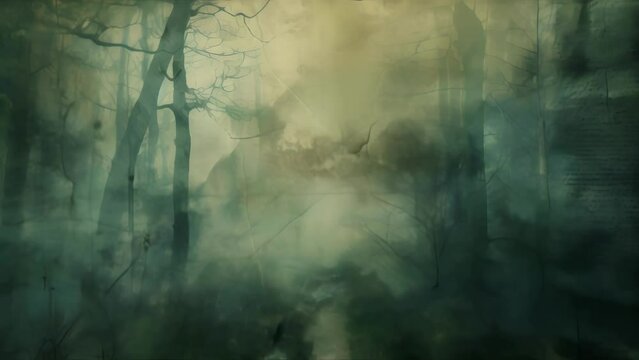A tattered and torn map showing a winding trail through a haunted forest lined with ancient gnarled trees and foreboding fog. 2d flat cartoon.