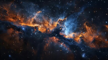 amazing nebula, dark blue and orange, stars in background, cinematic, epic, space, galaxy, universe, fantasy