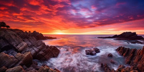 Naklejka premium Breathtaking sunset over rocky coastline