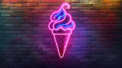 Neon light glow effect. Ice cream cone line icon. Vanilla sundae waffle cone sign. Frozen summer dessert symbol.