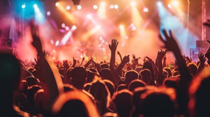 A lively crowd of people at a concert enthusiastically raising their hands in the air, showing excitement and engagement with the performance.