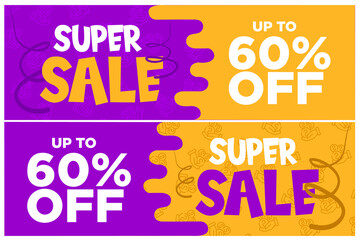 Fototapeta na wymiar 60 percent OFF, coupon, voucher, ticket, incredible discount, purple and yellow background