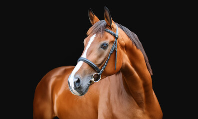 Stunning portrait of a majestic brown horse on black background