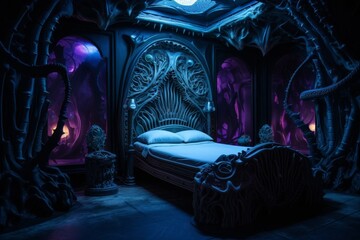 Surreal fantasy bedroom with alien-like architecture