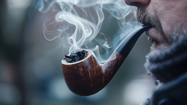 Person smoking and blowing smoke, old man smoking pipe close-up 