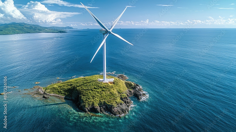 Aufkleber A single wind turbine on a small island, surrounded by blue sea, emphasizing isolation and the importance of local power solutions in remote locations. Generative AI.