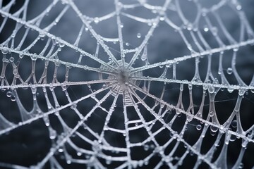 Obraz premium Intricate frozen spider web with water droplets