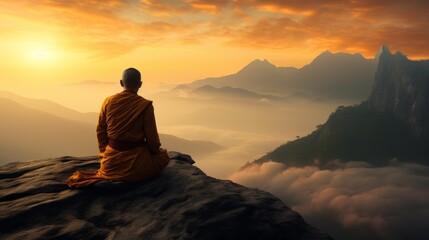 Fototapeta premium Serene mountain landscape with meditating monk